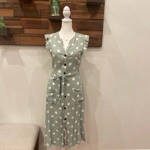 Green and Off White Polka Dot Linen Blend Button-Down Dress Monteau Size Small